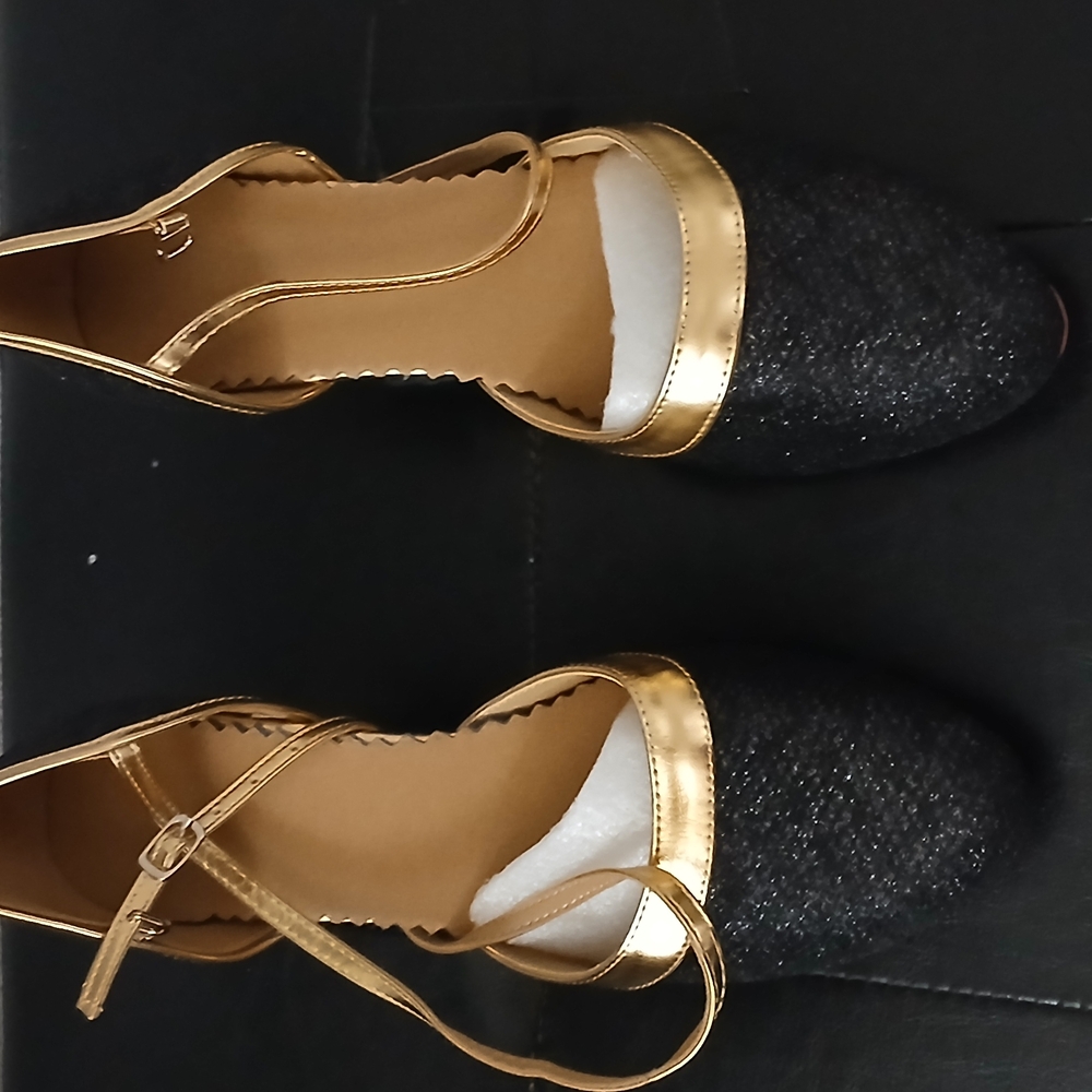 Stylish Black Glitter Heels with Gold Trim
